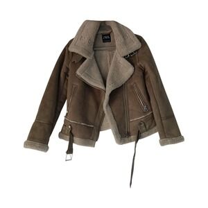Zara Jacket Womens XS Brown Faux Suede Shearling Moto Aviator Belted Biker Coat